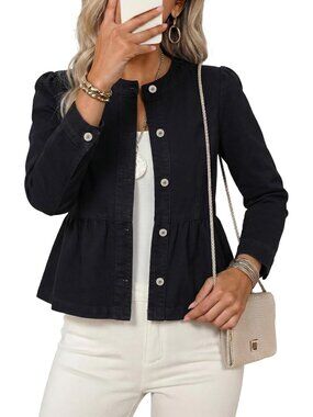 Women's Black Button Down Long Sleeve Collarless Cinched Waist Denim Jackets